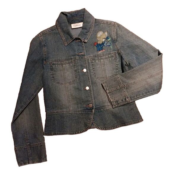 Chadwicks Denim Peplum Jacket Size 10 Button Front Hand Painted Teddy Bear - Picture 1 of 16